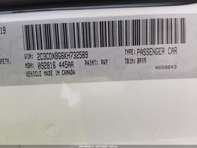 Auction sale of the 2019 Dodge Charger Sxt Rwd, vin: 2C3CDXBG6KH732589, lot number: 45938712