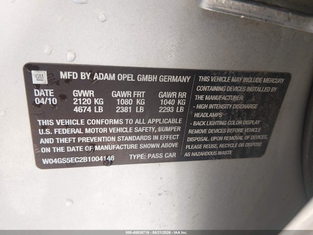 Aukcja sprzedaży 2011 Buick Regal Cxl Russelsheim, vin: W04GS5EC2B1004146, numer aukcji: 45938716