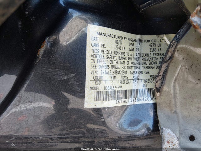 45938717 :رقم المزاد ، 1N4AL21E88N420904 vin ، 2008 Nissan Altima 2.5 Sl مزاد بيع