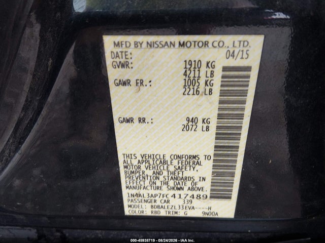 Nissan Altima 2.5 S 2015 1N4AL3AP7FC417489 Image 9