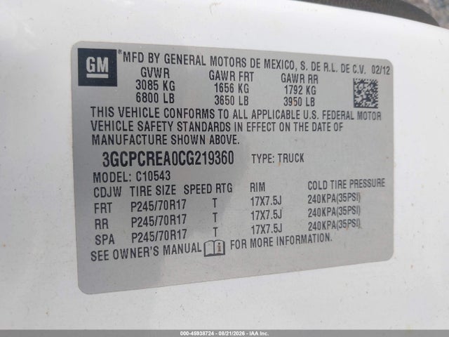 45938724 :رقم المزاد ، 3GCPCREA0CG219360 vin ، 2012 Chevrolet Silverado 1500 Ls مزاد بيع