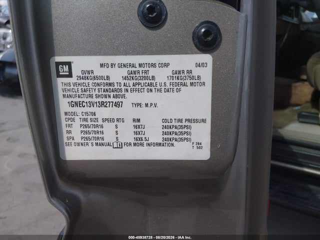 45938728 :رقم المزاد ، 1GNEC13V13R277497 vin ، 2003 Chevrolet Tahoe Ls مزاد بيع
