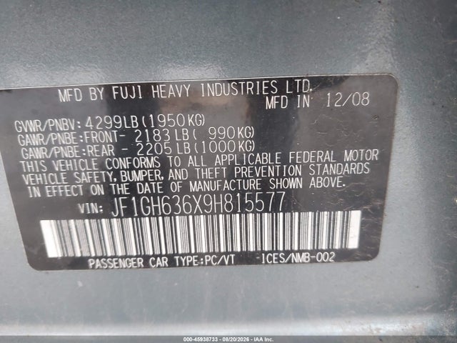 Aukcja sprzedaży 2009 Subaru Impreza Outback Sport, vin: JF1GH636X9H815577, numer aukcji: 45938733