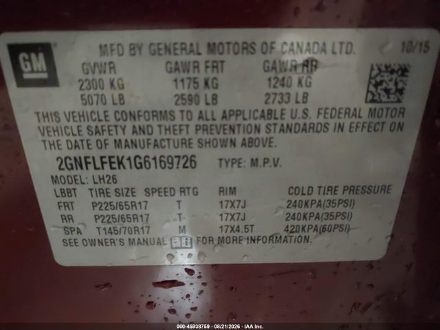 Aukcja sprzedaży 2016 Chevrolet Equinox Lt, vin: 2GNFLFEK1G6169726, numer aukcji: 45938759