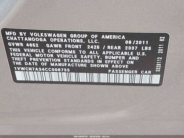 Aukcja sprzedaży 2012 Volkswagen Passat 2.0l Tdi Sel Premium, vin: 1VWCN7A34CC008733, numer aukcji: 45938762