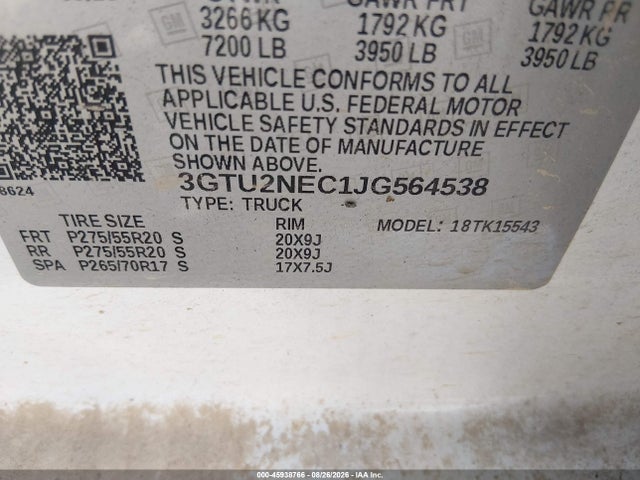 Продаж на аукціоні авто 2018 Gmc Sierra 1500 Slt, vin: 3GTU2NEC1JG564538, номер лоту: 45938766