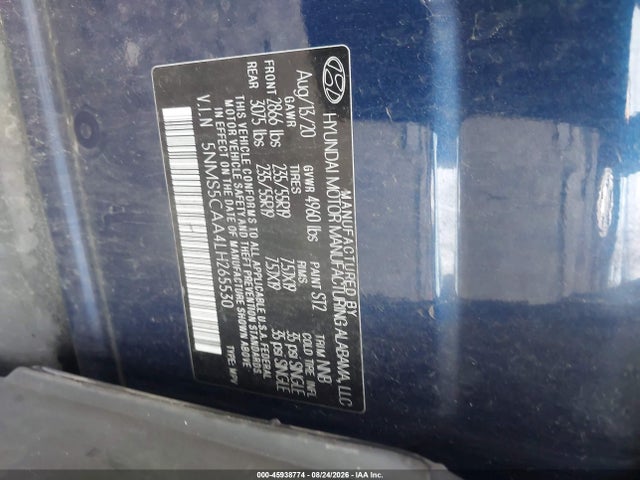 2020 Hyundai Santa Fe Limited 2.0t მანქანა იყიდება აუქციონზე, vin: 5NMS5CAA4LH265530, აუქციონის ნომერი: 45938774
