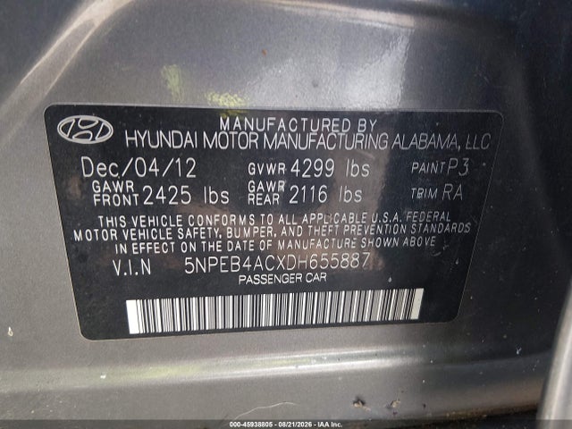Auction sale of the 2013 Hyundai Sonata Gls, vin: 5NPEB4ACXDH655887, lot number: 45938805