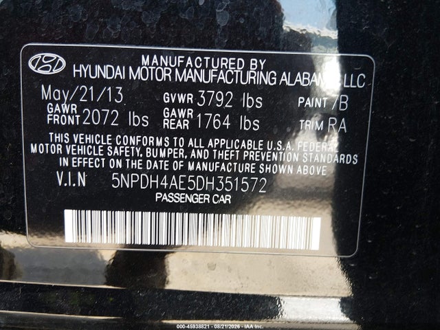 Aukcja sprzedaży 2013 Hyundai Elantra Gls, vin: 5NPDH4AE5DH351572, numer aukcji: 45938821
