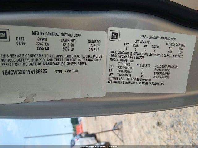 Продаж на аукціоні авто 2000 Buick Park Avenue, vin: 1G4CW52K1Y4136225, номер лоту: 45938822