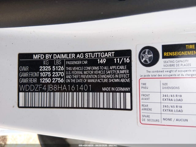 45938830 :رقم المزاد ، WDDZF4JB8HA161401 vin ، 2017 Mercedes-benz E 300 مزاد بيع
