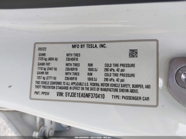 5YJ3E1EA5NF370410 Tesla Model 3 Rear-wheel Drive