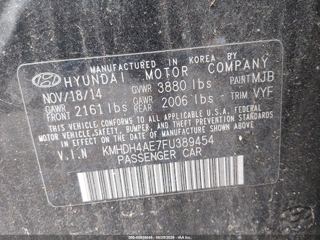 2015 Hyundai Elantra Se მანქანა იყიდება აუქციონზე, vin: KMHDH4AE7FU389454, აუქციონის ნომერი: 45938846