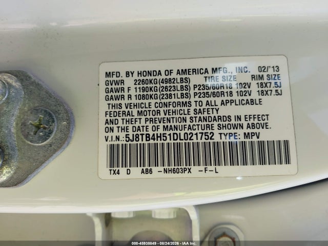 45938849 :رقم المزاد ، 5J8TB4H51DL021752 vin ، 2013 Acura Rdx مزاد بيع