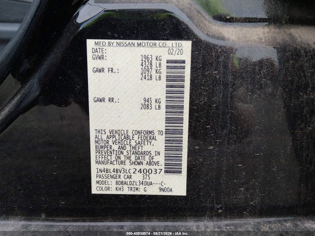 Продажа на аукционе авто 2020 Nissan Altima S Fwd, vin: 1N4BL4BV3LC240037, номер лота: 45938874