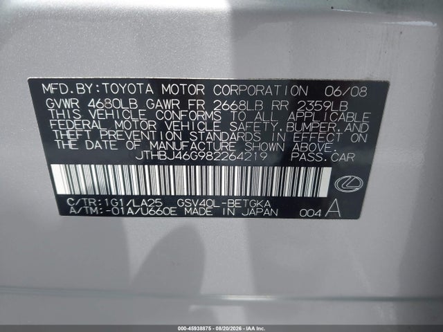 Продажа на аукционе авто 2008 Lexus Es 350, vin: JTHBJ46G982264219, номер лота: 45938875