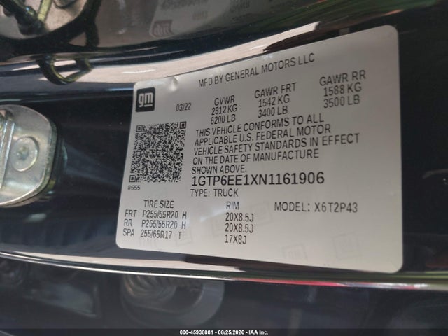 Aukcja sprzedaży 2022 Gmc Canyon 4wd  Short Box Denali, vin: 1GTP6EE1XN1161906, numer aukcji: 45938881