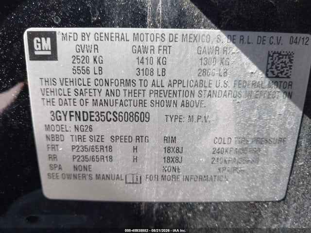Aukcja sprzedaży 2012 Cadillac Srx Luxury Collection, vin: 3GYFNDE35CS608609, numer aukcji: 45938882