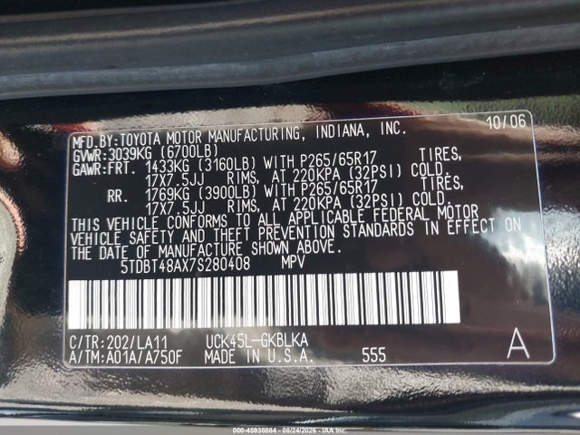 2007 Toyota Sequoia Limited მანქანა იყიდება აუქციონზე, vin: 5TDBT48AX7S280408, აუქციონის ნომერი: 45938884
