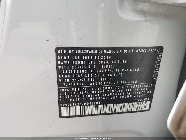 Продажа на аукционе авто 2018 Volkswagen Tiguan 2.0t Se/2.0t Sel, vin: 3VV2B7AX1JM036609, номер лота: 45938888