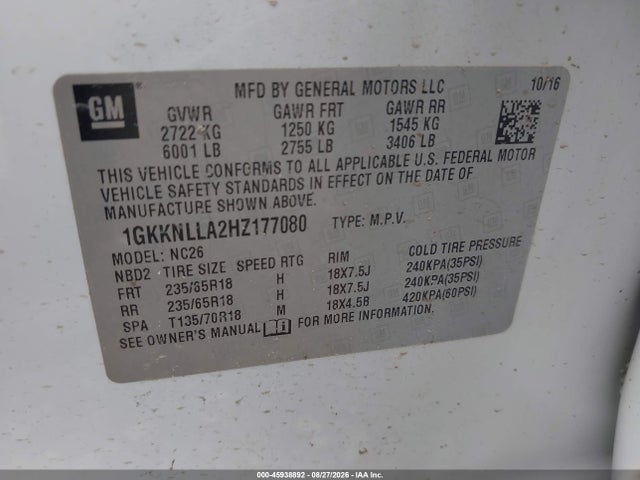 45938892 :رقم المزاد ، 1GKKNLLA2HZ177080 vin ، 2017 Gmc Acadia Sle-2 مزاد بيع