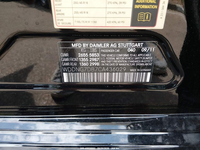 45938893 :رقم المزاد ، WDDNG7DB7CA436029 vin ، 2012 Mercedes-benz S 550 مزاد بيع