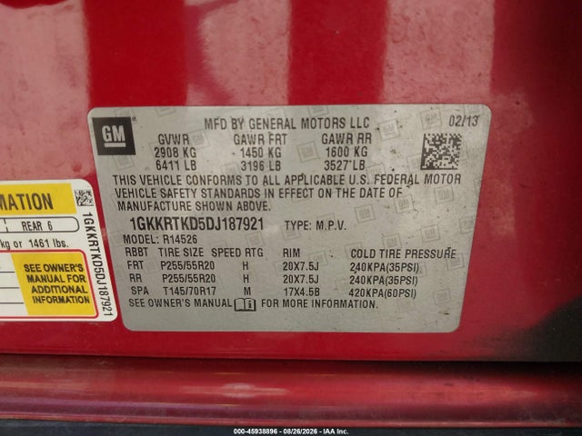 Aukcja sprzedaży 2013 Gmc Acadia Denali, vin: 1GKKRTKD5DJ187921, numer aukcji: 45938896