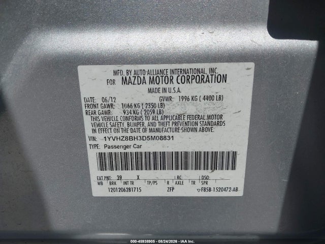 45938905 :رقم المزاد ، 1YVHZ8BH3D5M08831 vin ، 2013 Mazda Mazda6 I Sport مزاد بيع
