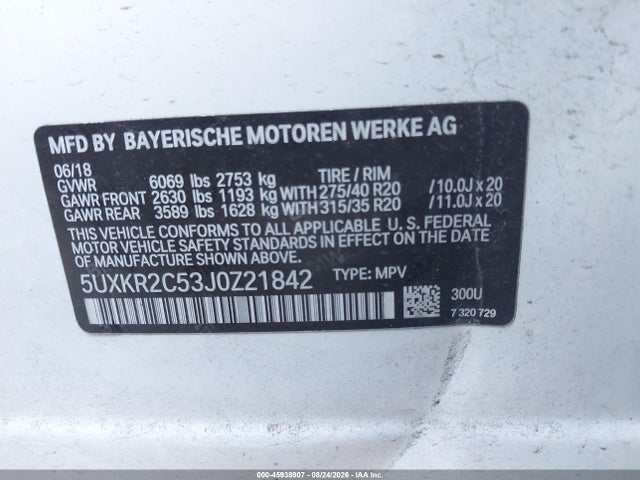 45938907 :رقم المزاد ، 5UXKR2C53J0Z21842 vin ، 2018 Bmw X5 Sdrive35i مزاد بيع