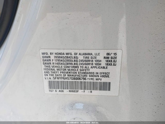 45938910 :رقم المزاد ، 5FNYF6H57GB006796 vin ، 2016 Honda Pilot Ex-l مزاد بيع