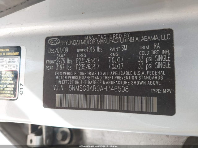 Продажа на аукционе авто 2010 Hyundai Santa Fe Gls, vin: 5NMSG3AB0AH346508, номер лота: 45938918