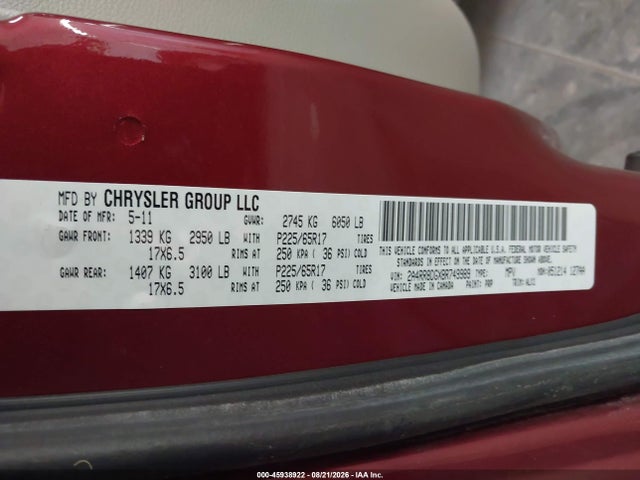 45938922 :رقم المزاد ، 2A4RR8DGXBR749989 vin ، 2011 Chrysler Town & Country Touring-l مزاد بيع