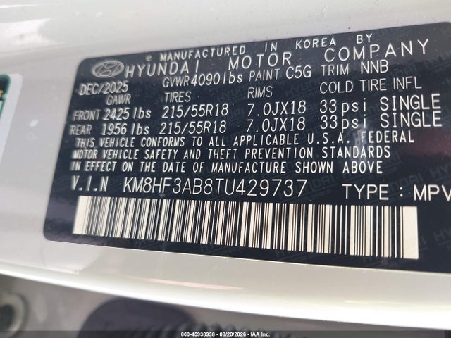 2026 Hyundai Kona Sel Sport მანქანა იყიდება აუქციონზე, vin: KM8HF3AB8TU429737, აუქციონის ნომერი: 45938938
