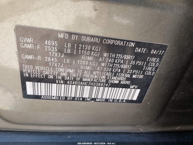 Продаж на аукціоні авто 2017 Subaru Outback 2.5i Premium, vin: 4S4BSAHC7H3389247, номер лоту: 45938939