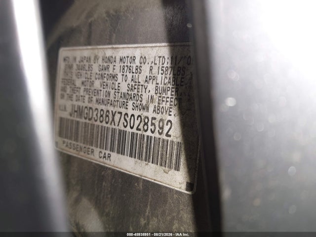 45938951 :رقم المزاد ، JHMGD386X7S028592 vin ، 2007 Honda Fit Sport مزاد بيع
