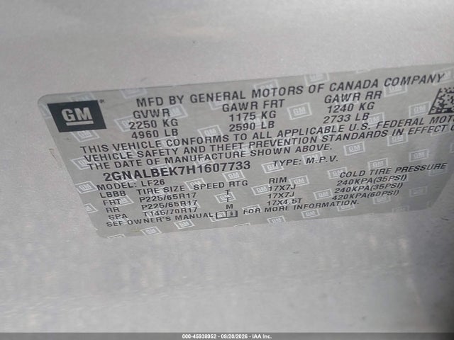 45938952 :رقم المزاد ، 2GNALBEK7H1607733 vin ، 2017 Chevrolet Equinox Ls مزاد بيع