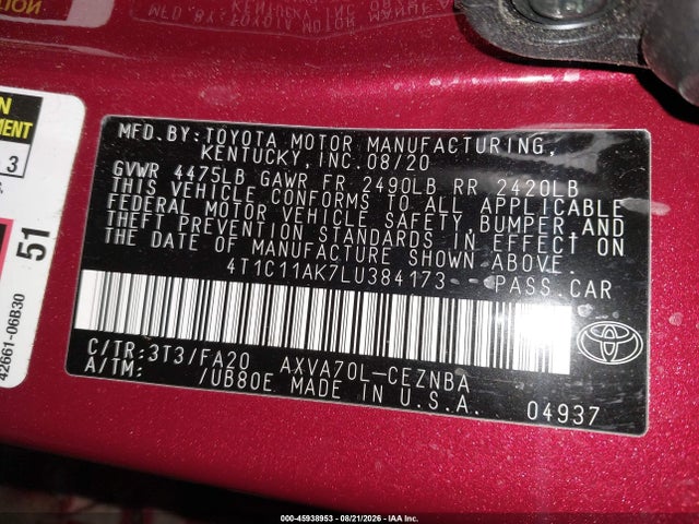 45938953 :رقم المزاد ، 4T1C11AK7LU384173 vin ، 2020 Toyota Camry Le مزاد بيع