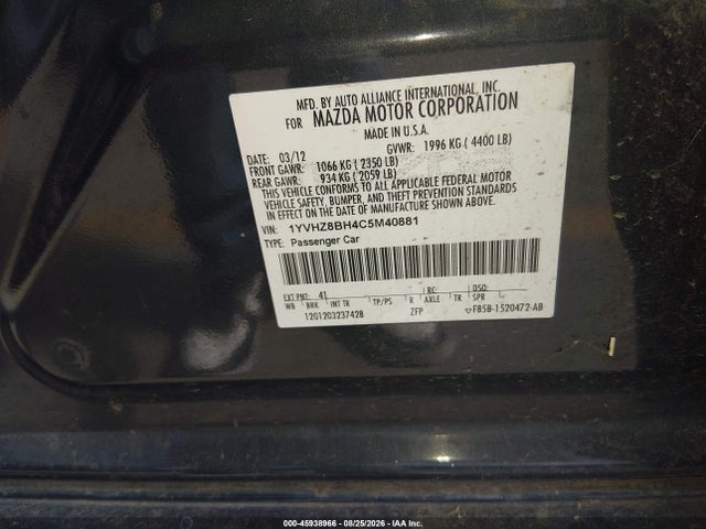 2012 Mazda Mazda6 I Sport მანქანა იყიდება აუქციონზე, vin: 1YVHZ8BH4C5M40881, აუქციონის ნომერი: 45938966
