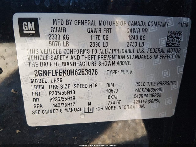 45938967 :رقم المزاد ، 2GNFLFEK0H6253876 vin ، 2017 Chevrolet Equinox Lt مزاد بيع