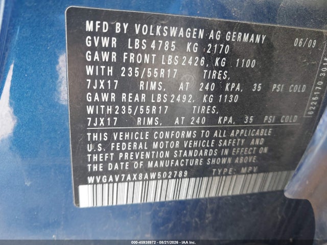 45938972 :رقم المزاد ، WVGAV7AX8AW502789 vin ، 2010 Volkswagen Tiguan Se مزاد بيع