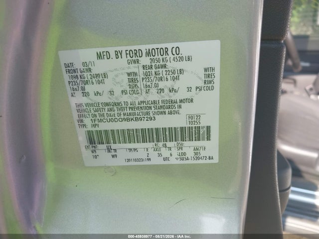 45938977 :رقم المزاد ، 1FMCU0DG9BKB97293 vin ، 2011 Ford Escape Xlt مزاد بيع