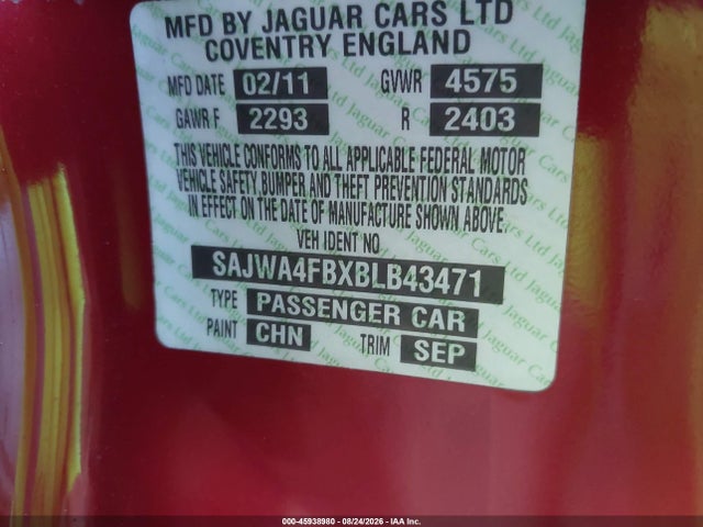 Aukcja sprzedaży 2011 Jaguar Xk, vin: SAJWA4FBXBLB43471, numer aukcji: 45938980