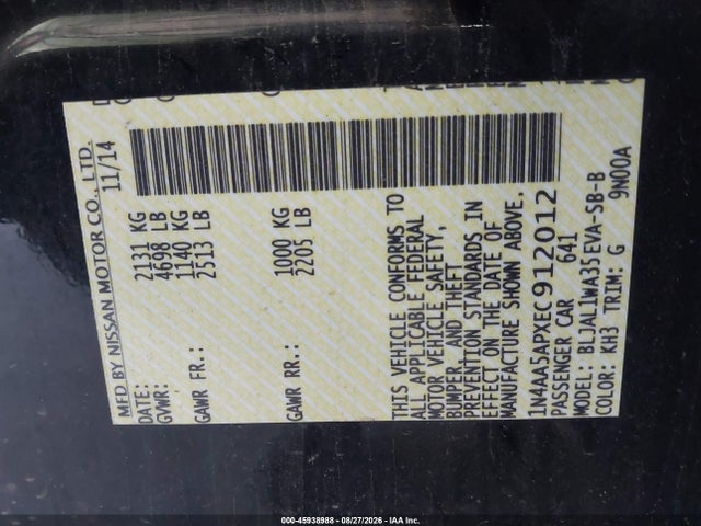 45938988 :رقم المزاد ، 1N4AA5APXEC912012 vin ، 2014 Nissan Maxima 3.5 Sv مزاد بيع