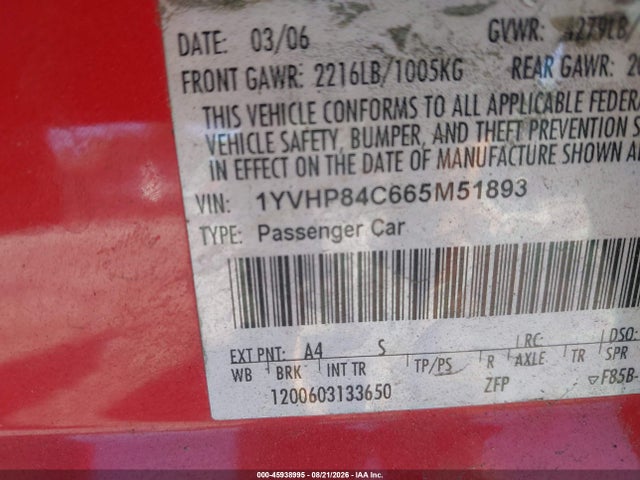 45938995 :رقم المزاد ، 1YVHP84C665M51893 vin ، 2006 Mazda Mazda6 Sport I مزاد بيع