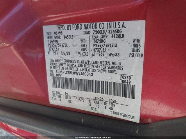 45939008 :رقم المزاد ، 5LMPU28L8WLJ60043 vin ، 1998 Lincoln Navigator مزاد بيع