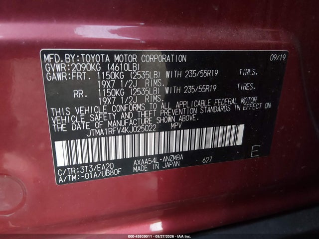 45939011 :رقم المزاد ، JTMA1RFV4KJ025022 vin ، 2019 Toyota Rav4 Xle Premium مزاد بيع