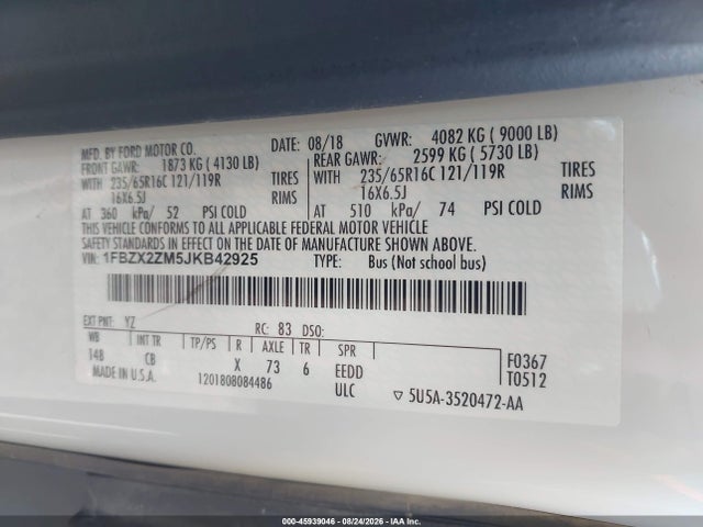 Aukcja sprzedaży 2018 Ford Transit-350 Xl, vin: 1FBZX2ZM5JKB42925, numer aukcji: 45939046