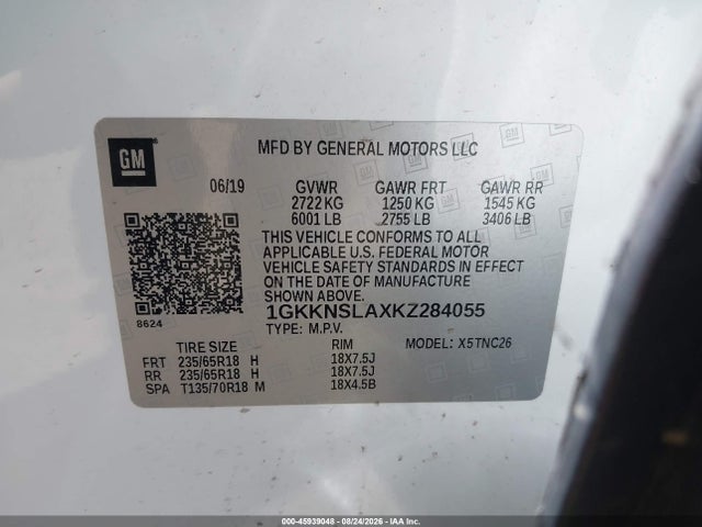 2019 Gmc Acadia Sle-2 მანქანა იყიდება აუქციონზე, vin: 1GKKNSLAXKZ284055, აუქციონის ნომერი: 45939048