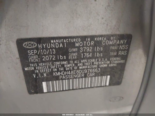2013 Hyundai Elantra Gls მანქანა იყიდება აუქციონზე, vin: KMHDH4AE8DU976663, აუქციონის ნომერი: 45939051