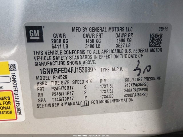 Aukcja sprzedaży 2015 Chevrolet Traverse Ls, vin: 1GNKRFED4FJ153939, numer aukcji: 45939059